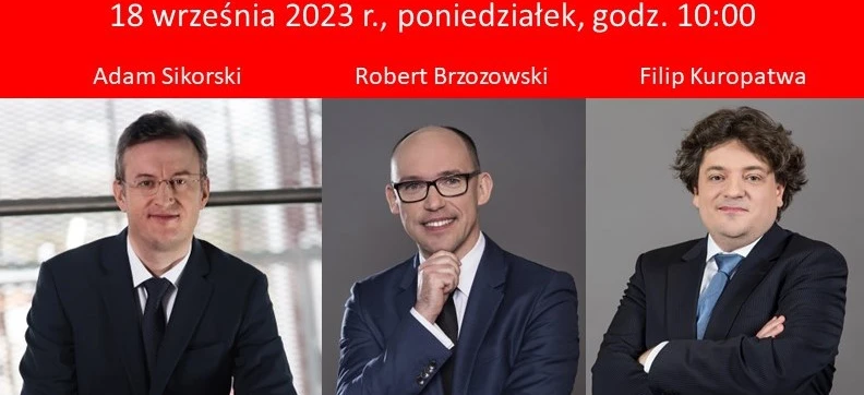 Podpis obrazka: Trzech biznesmenów w eleganckich ubraniach noszących okulary i omawiających wyniki finansowe podczas wideokonferencji z logiem Grupy UNIMOT w tle.