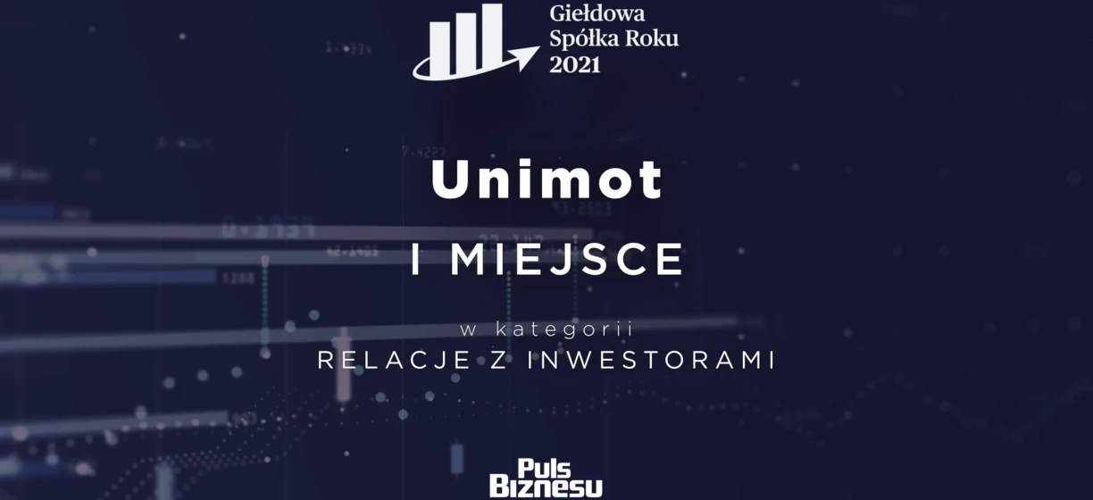 Projekt graficzny i zrzut ekranu reklamy przedstawiający Font Design Graphics. Firma nagrodzona Unimot została uznana jako Spółka Roku 2021 przez Puls Biznesu.