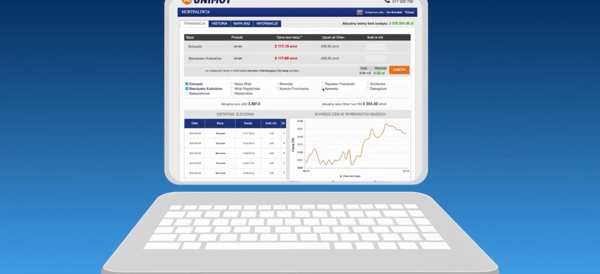 Screenshot of UNIMOT software displaying information about transactions, fuel prices, and credit limits. Personal computer screen shows multimedia data for software engineering. Technology used to manage data for fuel distribution company.